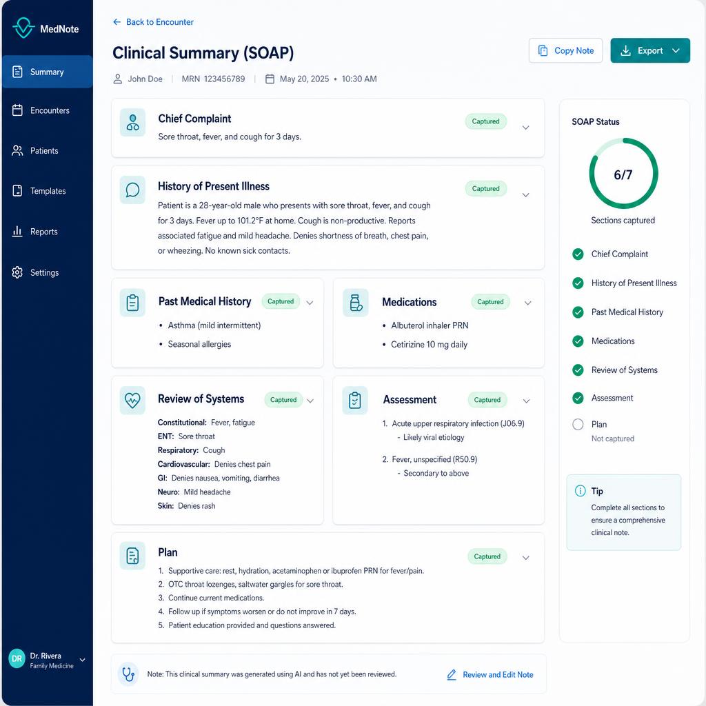 Clinical summary interface with Captured and Not captured tags